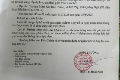 Thông báo lựa chọn tổ chức, cá nhân cung cấp thực phẩm phục vụ công tác bán trú năm học 2025-2026